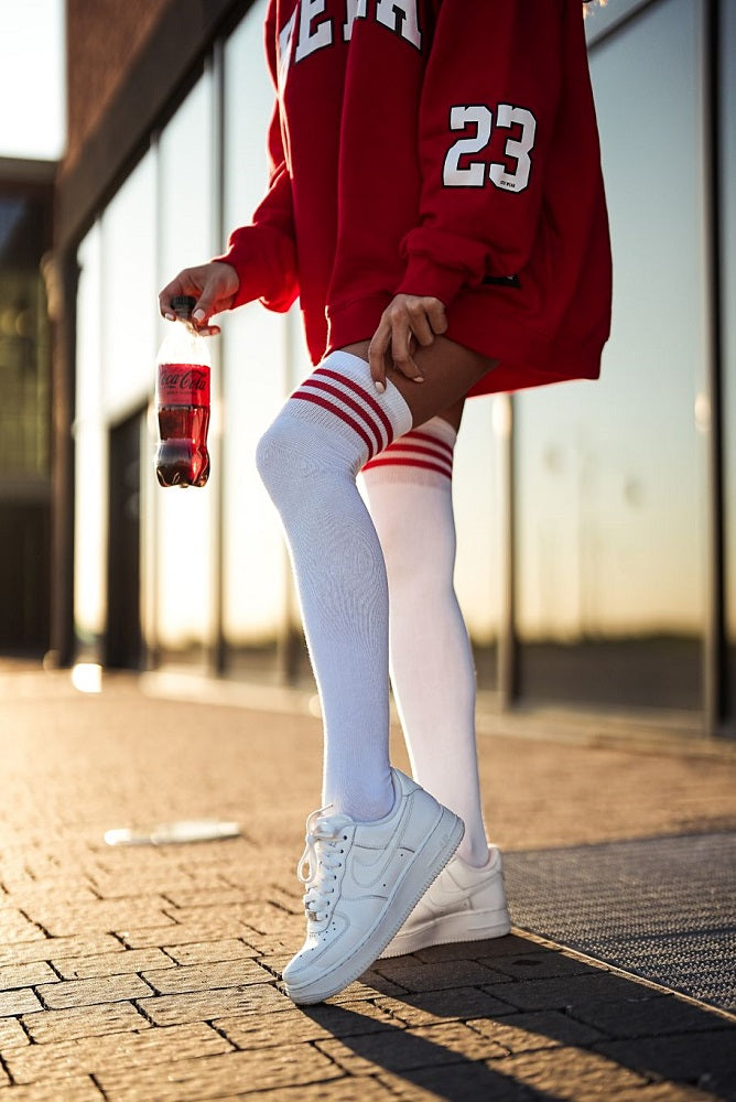 Cotton Over-The-Knee Socks White with 3 Red Stripes