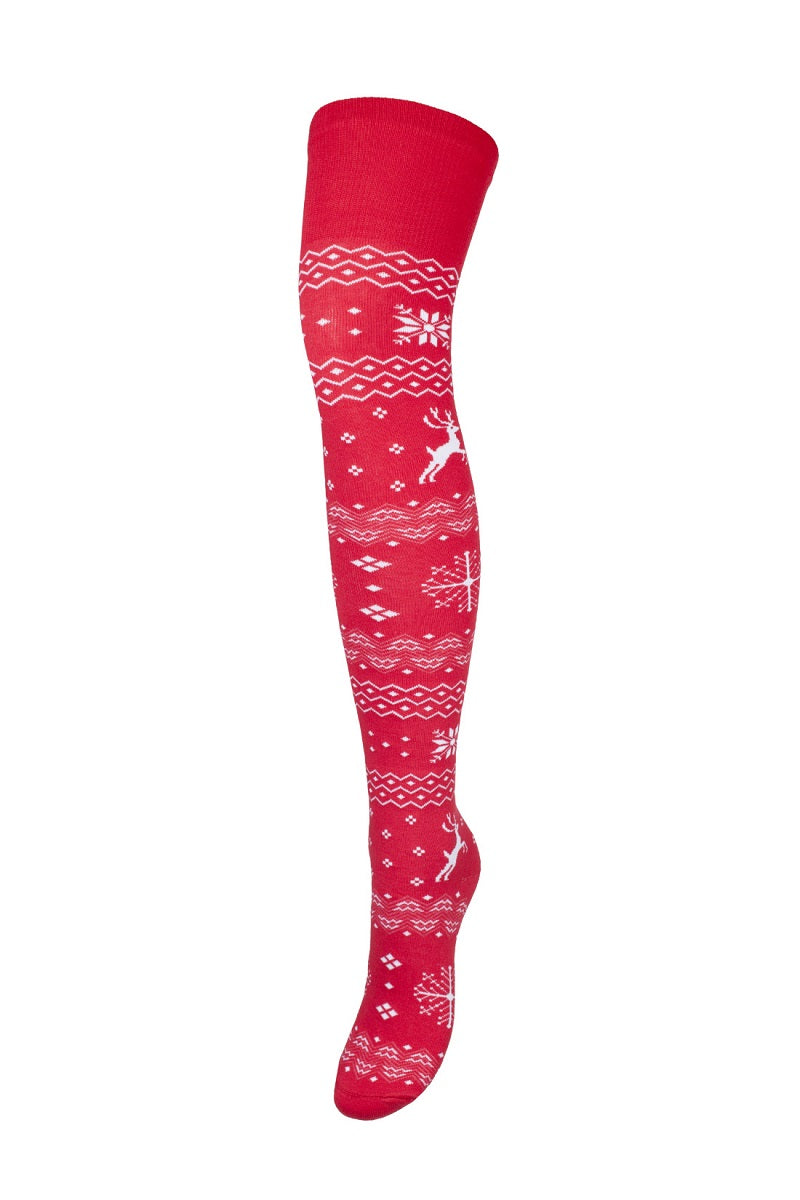 Overknee Strümpfe aus Baumwolle mit weihnachtlichem Muster mit Rentieren, Schneeflocken und Sternen.