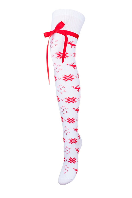 Overknees Socken zu Weihnachten mit Schleife - Weiß + Rot
