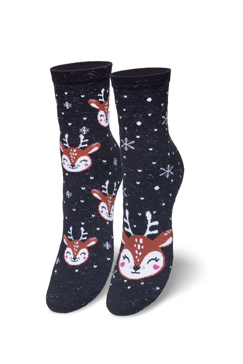 Damen Socken aus Baumwolle in weihnachtlichem Muster mit lustigen Rentieren