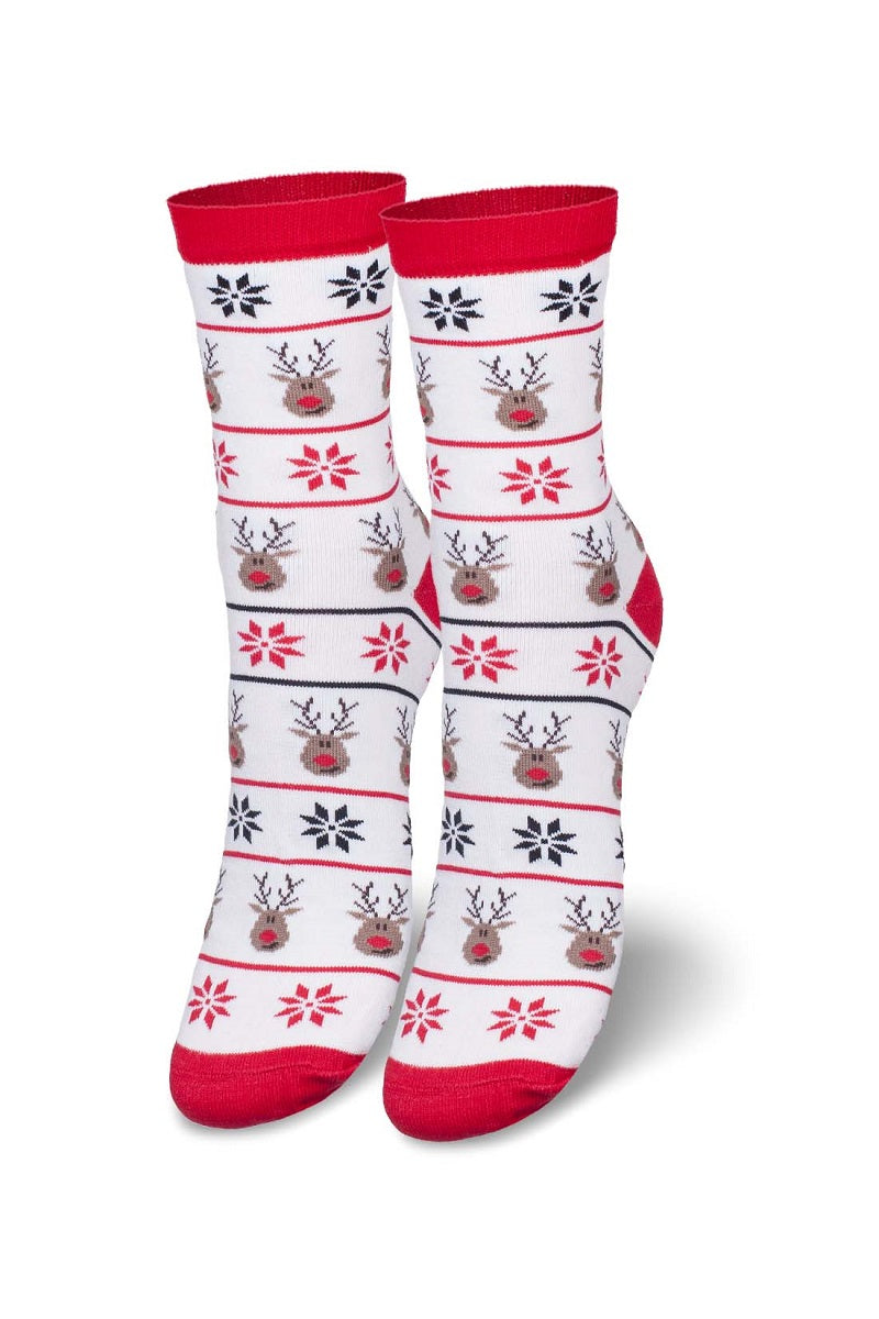 Damen Socken aus Baumwolle in weihnachtlichem Muster mit  Rentieren und Sternen